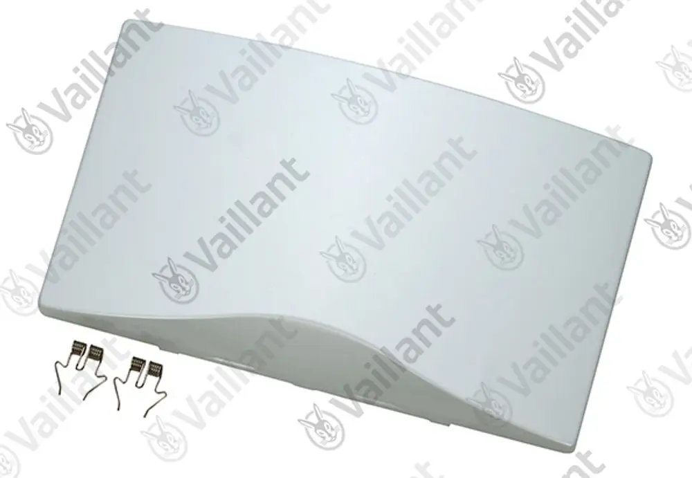 Vaillant Abdeckplatte in leichter, gerundeter Form. Dazu zwei Metallclips. Teil eines Heizungs- oder Klimagerätes.